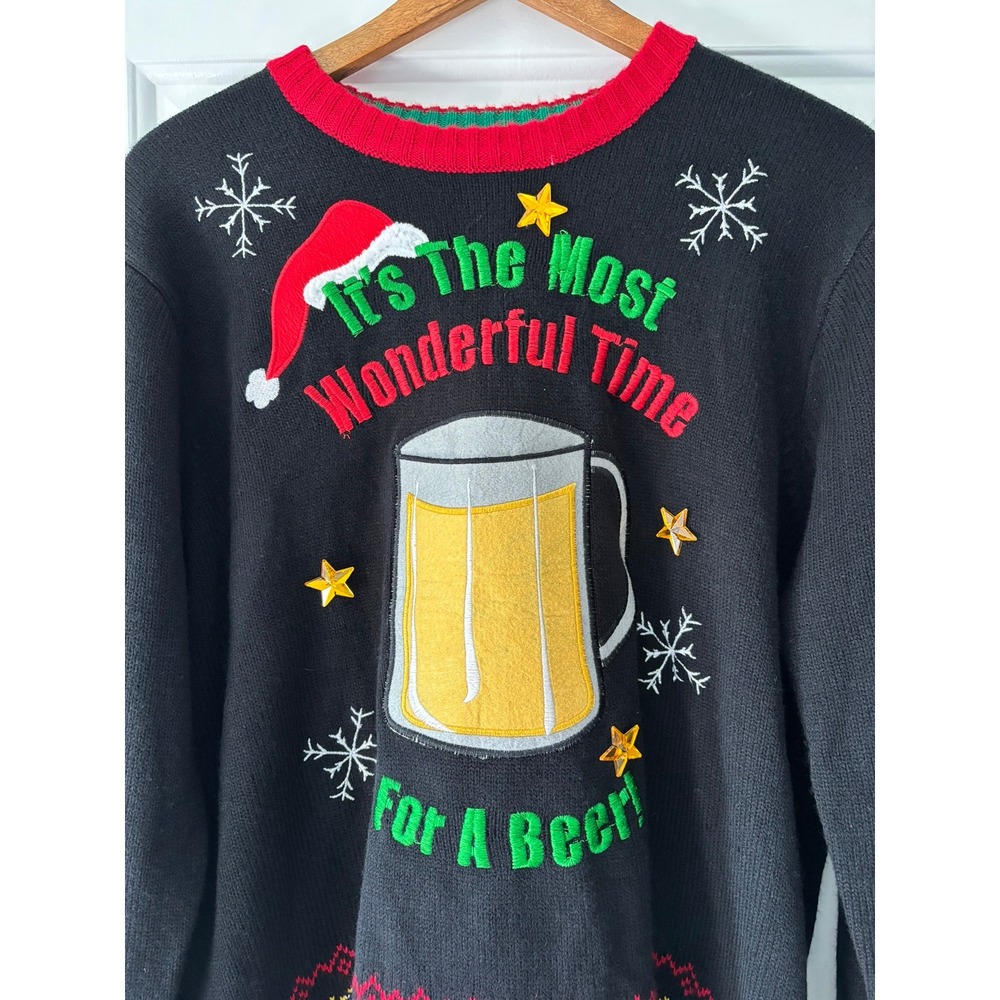 33 Degrees Christmas Sweater Mens XL Black Beer Graphic Fair Isle Holiday Party